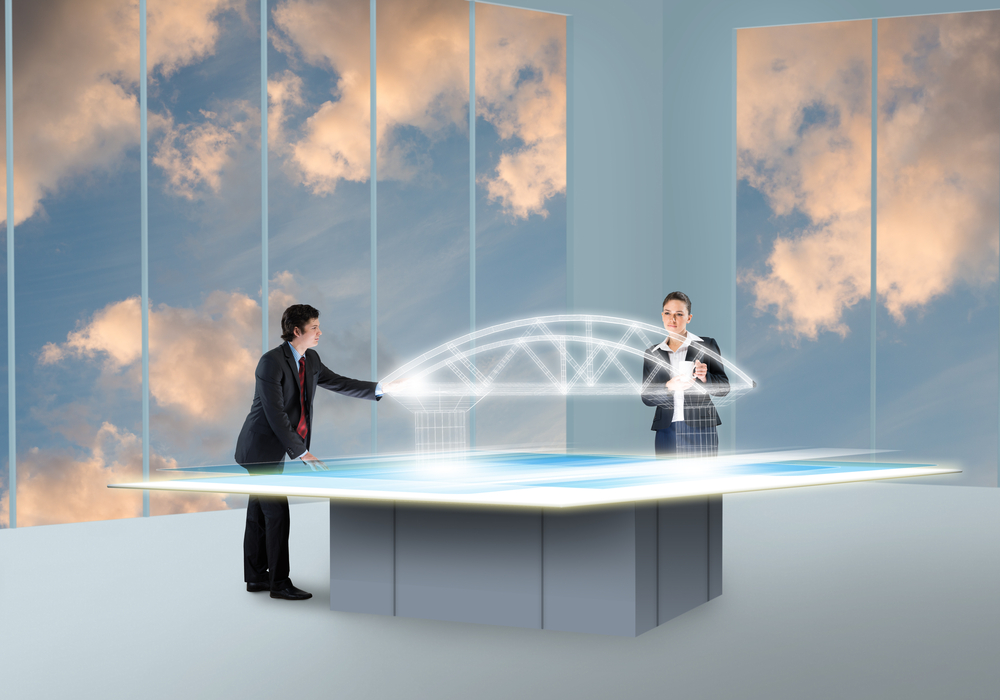 Uomo e donna in ufficio, ponte virtuale