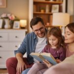 Famiglia con bambina che legge